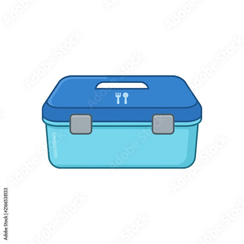 Blue lunch box featuring secure clips and utensils icon on the lid for school meals.