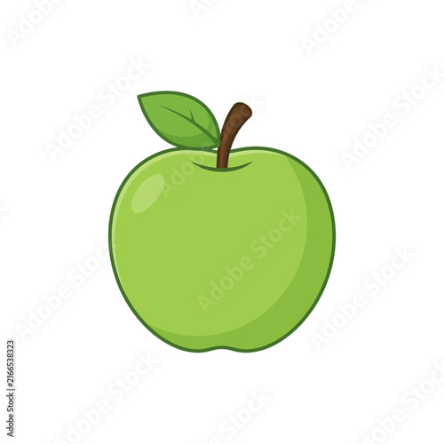 Green apple with a stem and leaf sitting isolated against a plain white background for commercial and educational use.
