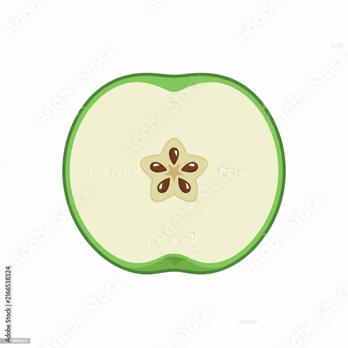 Cross section of a fresh green apple showing core and seeds isolated on a crisp white background with natural lighting.