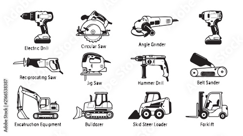 Collection of hand tools and power tools for construction and workshop activities.