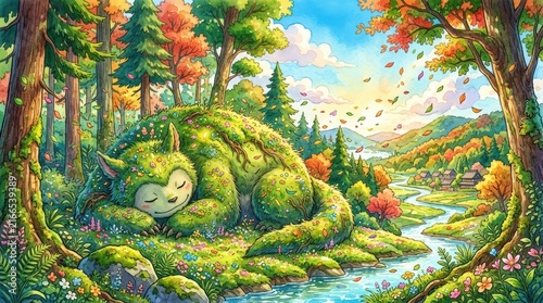 Giant mossy forest spirit sleeping in a magical woodland landscape with a flowing river.