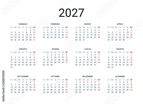 2027 year Italian calendar in Italian language. Classical, minimalistic, simple design. White background. Vector Illustration.