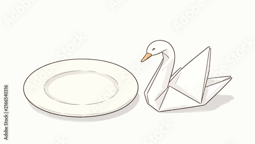 Minimalist illustration of a white plate beside an origami swan, clean lines and soft shadows on white