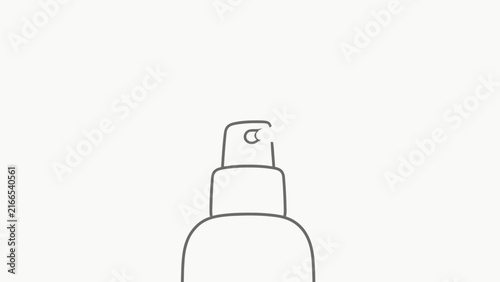 Minimalist line art of spray bottle releasing fine mist with soft blue particles, clean white background