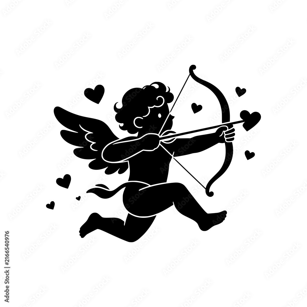 Fototapeta premium Romantic Cupid vector illustration featuring a charming winged character holding a bow and heart-tipped arrow in a clean minimalist style. Perfect for Valentine’s Day, love, romance, weddings, anniver