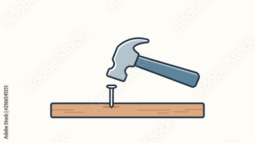 Flat vector illustration of a hammer striking a nail into wood