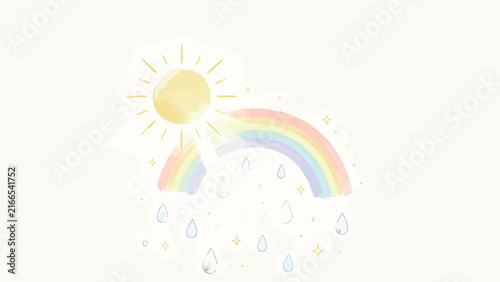Pastel watercolor rainbow with sun, raindrops and golden sparkles on white background