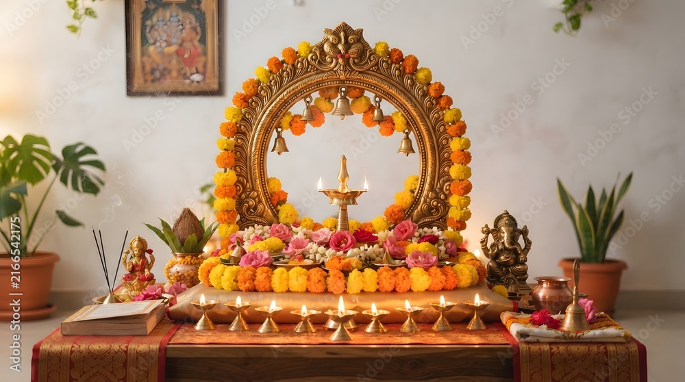 Fototapeta premium Elaborate hindu altar decorated with marigolds and offerings for a religious ceremony