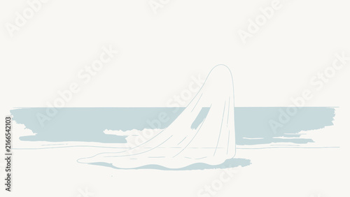 Minimalist illustration of a mysterious figure draped in white cloth standing on a serene beach with calm