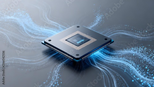 Microprocessor chip with blue data flow streams on dark surface
