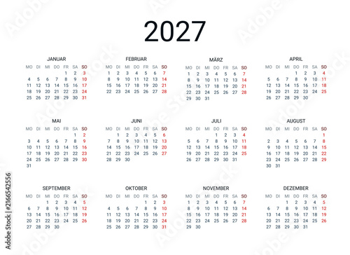 2027 year German calendar in German language. Classical, minimalistic, simple design. White background. Vector Illustration. 