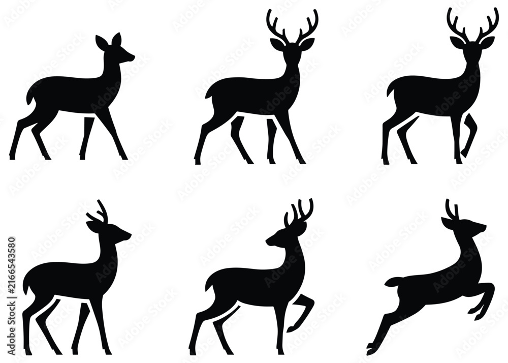 Fototapeta premium Deer silhouettes in various poses against a white background