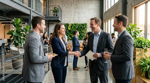 Business professionals shaking hands at a modern office networking event.