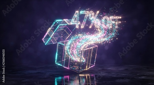 Glowing 3D gift box opening with 47 percent off discount text for ecommerce sale promotion