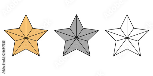 Collection of three five-pointed star symbols in gold, gray and outline styles, featuring simple geometric design for awards, ratings, icons, badges, decoration and graphic projects.