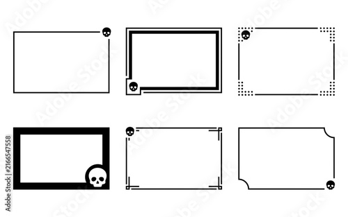 A spooky collection of six distinct black frames each adorned with a skull motif perfect for halloween themed streaming overlays digital art or graphic design