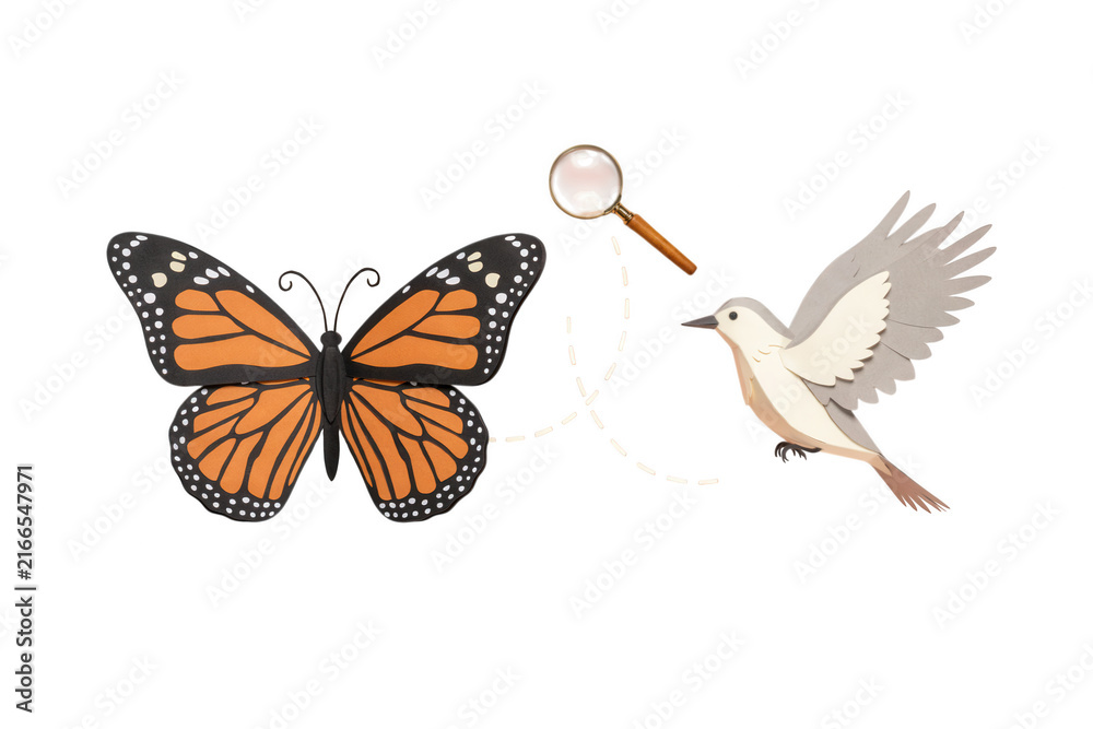 Fototapeta premium Monarch butterfly and flying bird illustration, nature exploration with magnifying glass, wildlife discovery concept on white background