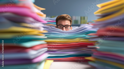 Man peeking through stacks of colorful paperwork