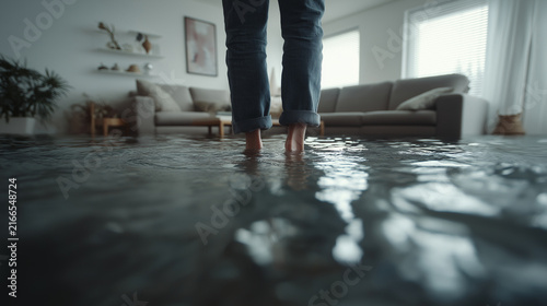 Person walking barefoot through flooded living room