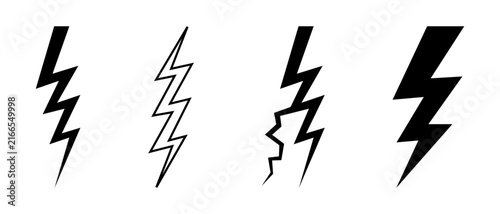 Pack of four tall vertical lightning flash symbols representing high voltage electricity in simple black vector graphic illustration