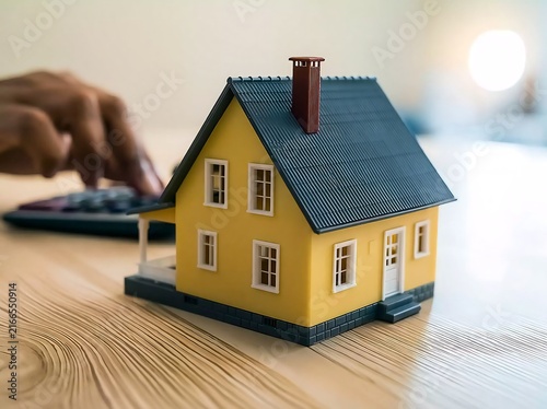 Real estate investment concept featuring a model house and calculator on a wooden table