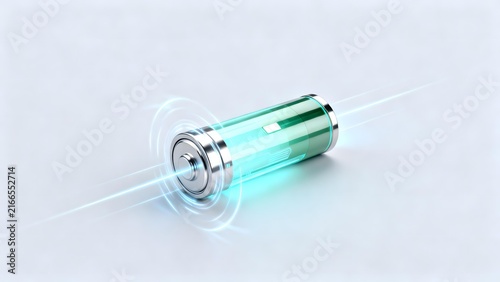 Cylindrical battery emitting blue energy pulses with glowing rings on white background