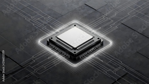Plakat w ramie Modern microprocessor chip with glowing circuit pathways on dark textured surface