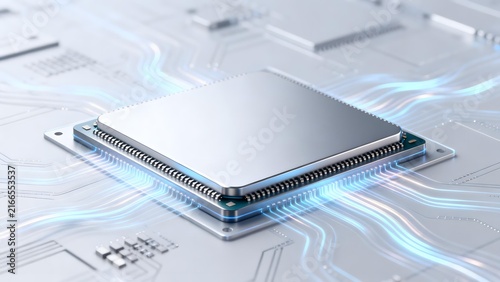 Silver microprocessor mounted on circuit board with glowing blue data flow lines