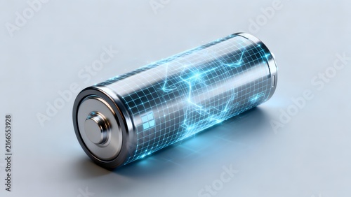 Cylindrical battery with glowing blue energy grid pattern on transparent surface resting on light gray background