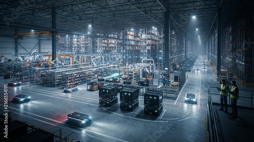 Obraz na płótnie High-Tech Automated Warehouse Distribution Center with Autonomous Mobile Robots and Robotic Assembly