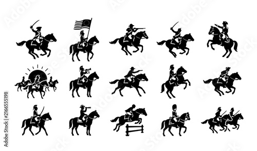 Foto Vintage military cavalry silhouettes, 15 historical horse soldier icons