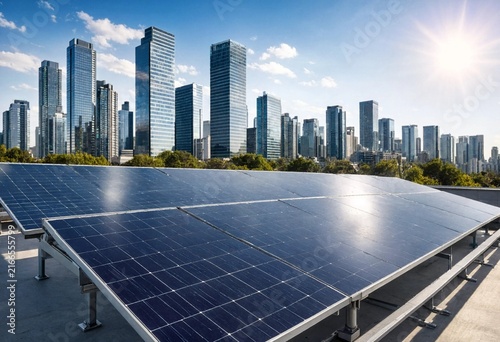 Modern solar panels generate renewable energy beside a futuristic urban skyline, combining clean technology, sustainable infrastructure, sunlight, architecture, and eco-friendly city development.