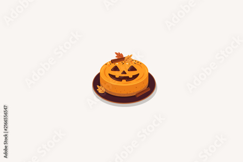Halloween Jack O Lantern Pumpkin Cheesecake Vector Illustration with Cinnamon Sticks and Autumn Leaves