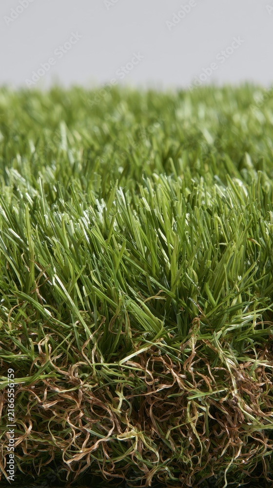 Fototapeta premium Artificial Grass Cross-Section: Detailed View of Green Synthetic Turf with Brown Base Layer Against Grey Background