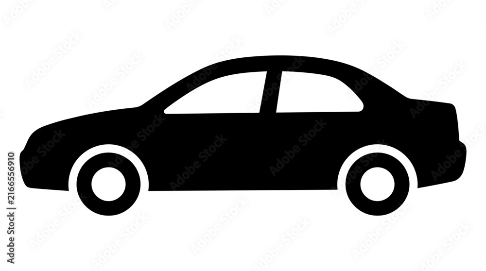 Naklejka premium Black sedan car silhouette vector, minimalist passenger vehicle icon, modern automobile side view for transportation and logistics design
