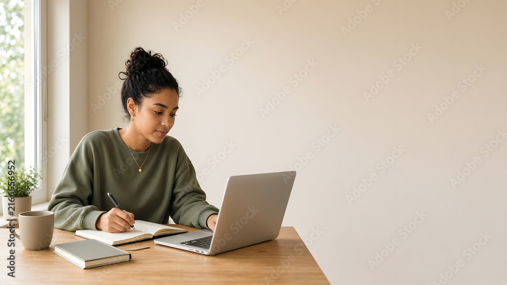 Fototapeta premium Young student studying at a desk with laptop