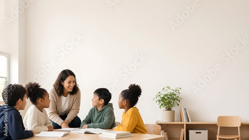 Minimalist classroom scene with a teacher and students