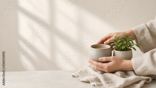 Self-care ritual scene with large negative space on the left, hands holding a ceramic mug and a small plant on the right