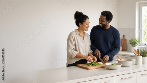Authentic everyday lifestyle scene with ample empty space on the left, a diverse couple cooking together in a bright kitchen on the right, soft natural light, real connection and warmth