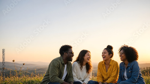Diverse group of friends laughing together outdoors with large negative space in the upper portion, soft golden hour light, natural and candid interaction, inclusive and joyful mood, marketing-ready