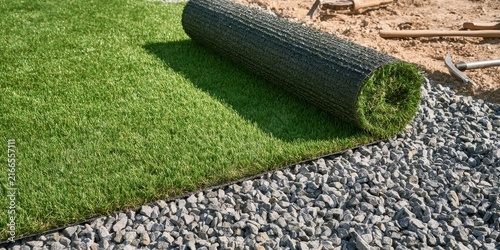 Installing artificial turf on a gravel base for landscaping. Unrolling synthetic grass on prepared ground with construction tools in the background.