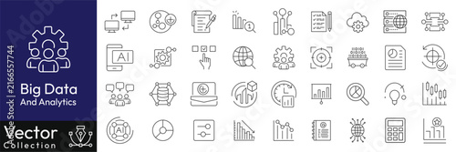  Big Data and Analytics Line Icon Set. Collection of analytics, database, processing, machine learning, report, algorithm, search, growth, cloud, and business intelligence symbols. Editable Stroke. 