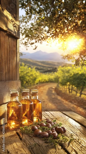 Beautiful Bottle of Olive Oil with Scenic Vineyard Landscape