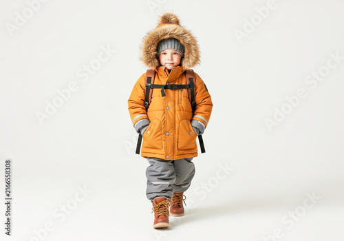 Little boy in orange winter jacket and backpack walking