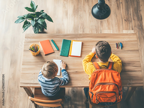 Two young boys doing homework at a wooden table with school supplies
