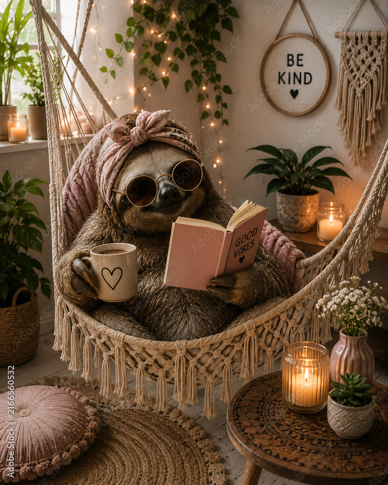 Naklejka premium Surreal Sloth Relaxing in a Boho Hammock with a Book and Coffee
