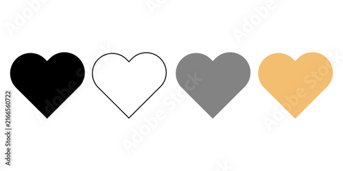 Collection of four heart symbols in black, gray, gold and outline styles, representing love, affection, romance, emotions, relationships and decorative Valentine's Day concepts