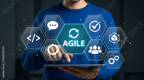 Obraz na płótnie Agile software development method and scrum lifecycle process concept on tablet