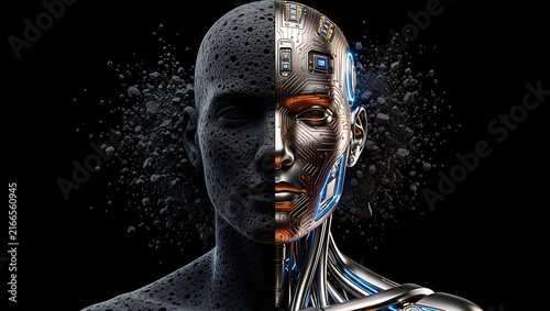 Artificial intelligence humanoid robot portrait with cybernetic face, metal circuitry, and floating debris on black background