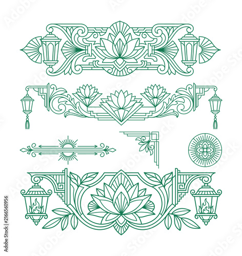 Retro art deco lanterns and green lotus blossom ornamental divider graphics vector set